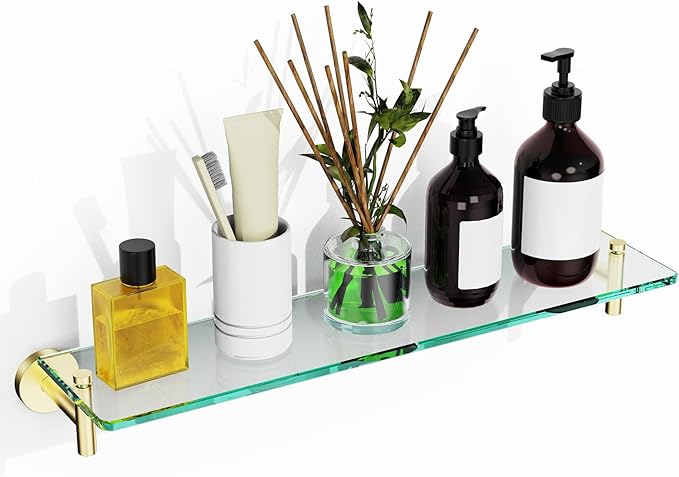 Glass Shelves for Bathroom,16-Inch Brushed Gold Floating Bathroom Shelf Stainless Steel Tempered Glass Shelf Modern Shelves wall Mounted