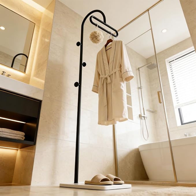 Coat Rack Freestanding Clothes Rack with Hooks & Marble Base, Heavy Duty Coat Hanger Stable Coat Stand for Entryway Bedroom, Hanging Garment Rack Hall Tree for Clothing Ties Hats Bags Purses (Black)
