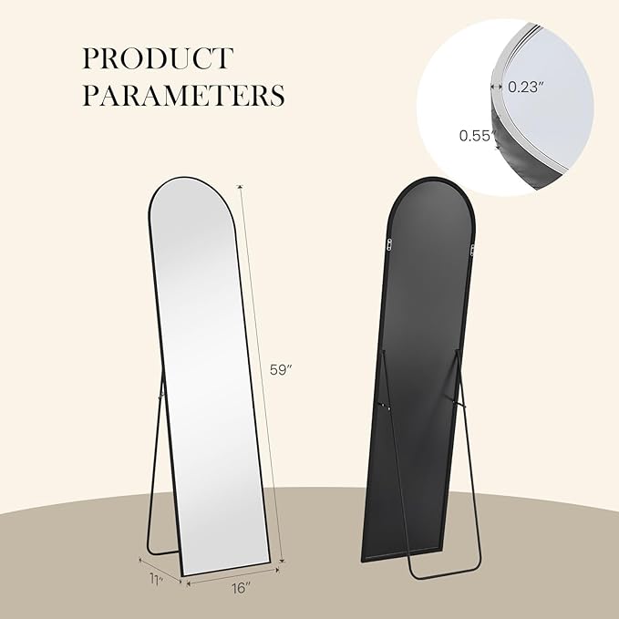 NEWBULIG 59"x16" Arched Full Length Mirror, Full Body Floor Mirror with Aluminum Alloy Thin Frame, Wall or Standing Mirror for Bedroom, Living Room, Dressing Room, Black-Arched
