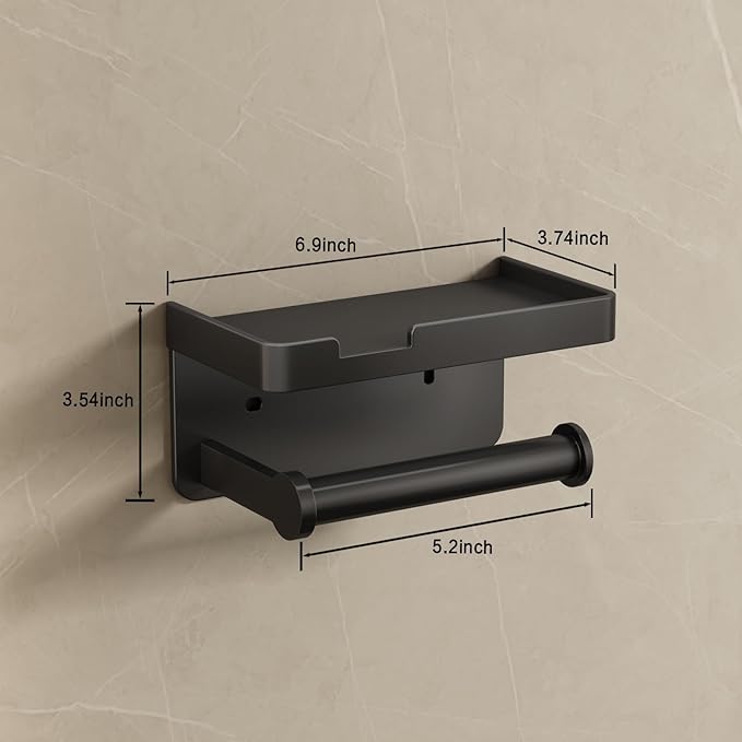 VOLDRA Toilet Paper Holder with Phone Shelf, Self-Adhesive or Screw-in Toilet Tissue Roll Holder Wall Mount, Rustproof & Multifunctional Bathroom Toilet Paper Holder Storage Dispenser(Black)