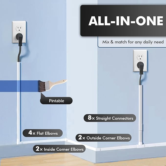 shinfly 189in Cord Hider Kit, Paintable Cable Raceway for Wall Mounted TV, Cord Covers for Wires on Wall, Wire Hider for TV Cables, White, 0.59” W x 0.35” H (15.75in x 12-Pack)