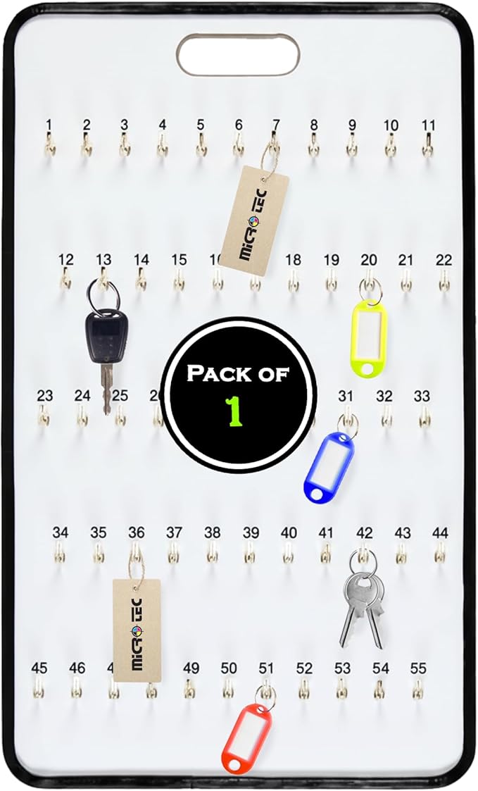 MICRO TEC Masonite Key Holder Wall Mount with 55 Spring Lock Hooks, 18-1/2" x 29-5/8" Commercial Key Organizer Board for Garage, Office, Dealership, Fleet & Automotive Key Storage - Pack of 1
