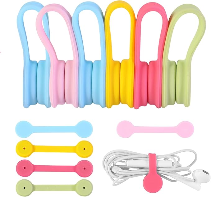 Viaky Magnetic Cable Ties [6-Pack], Reusable Silicone Cord Organizers & Cable Management, Heavy Duty Magnet Twist Wrap Straps for USB, Earphones, Appliance Cords - Macaron Multicolor