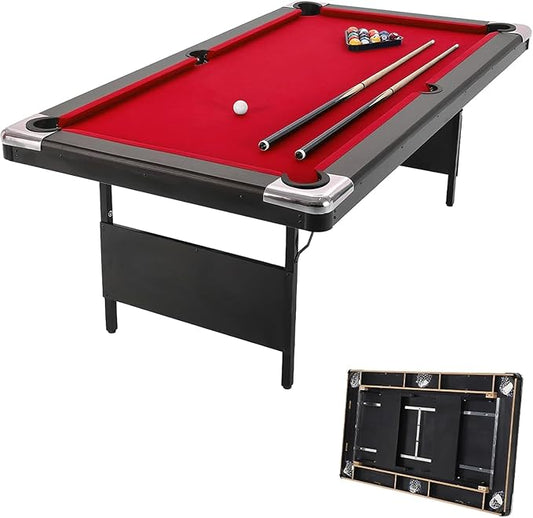 7 Foot Pool Table for Family, Foldable No Assembly Pool Table with Balls, Cues, Chalk, Rack & Brush, Portable Billiards Game Table for Apartment, Basement, Office & Game Room