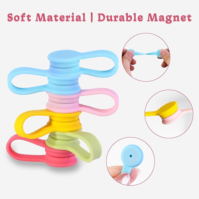 Viaky Magnetic Cable Ties [6-Pack], Reusable Silicone Cord Organizers & Cable Management, Heavy Duty Magnet Twist Wrap Straps for USB, Earphones, Appliance Cords - Macaron Multicolor