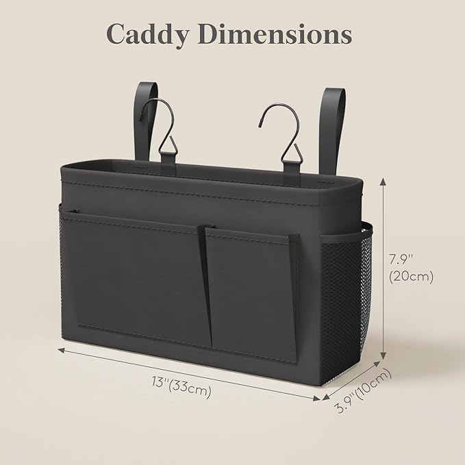 Lifewit Bedside Caddy Storage Organizer, Hanging Storage Bag with Fixed Straps, Book Remotes Holder for Home, College, Dorm, Bunk, Hospital, Crib Bed Rails, Black