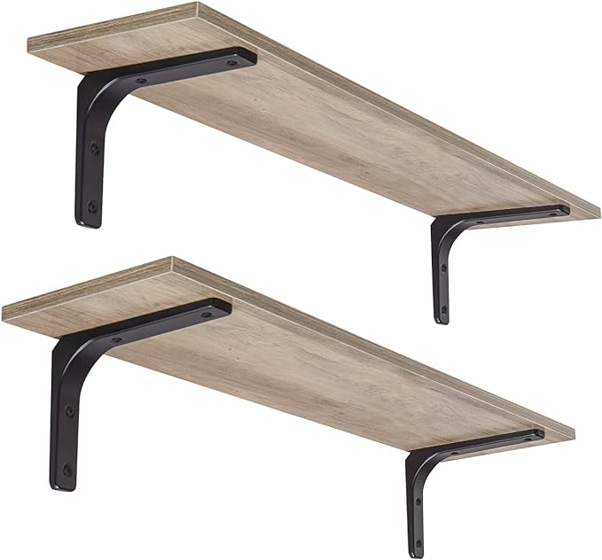 DINZI LVJ Long Wall Shelves, 31.5 Inch Wall Mounted Shelves Set of 2, Easy-to-Install, Floating Storage Ledges with Sturdy Metal Brackets for Living Room, Bathroom, Bedroom, Kitchen, Greige