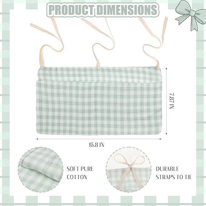 Gingham Crib Organizer Hanging Cotton Baby Bedside Hanging Storage Bag Storage Crib Organizer Baby Nappy(Green)