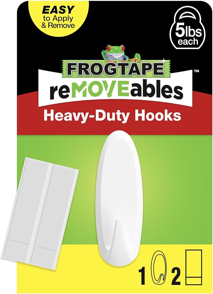 FrogTape reMOVEables Heavy Duty Wall Hooks - Holds up to 5 lbs - Includes 1 Hook and 2 Strips - No Damage - Easy to Remove & Reuse - Large Wall Hook with Adhesive Strips - White (Pack of 1)