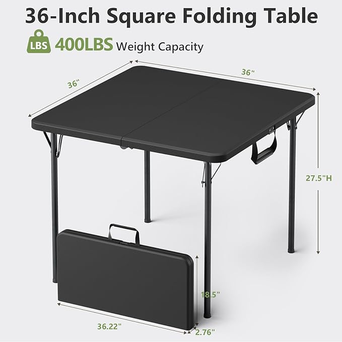 Folding Table 2 Pack, 36 Inch Square Foldable Card Tables, No Assembly Portable Folding Tables, Heavy Duty Fold-in-Half Tables with Carry Handles for Camping, Picnic, Parties, RV Travel & Indoor Use