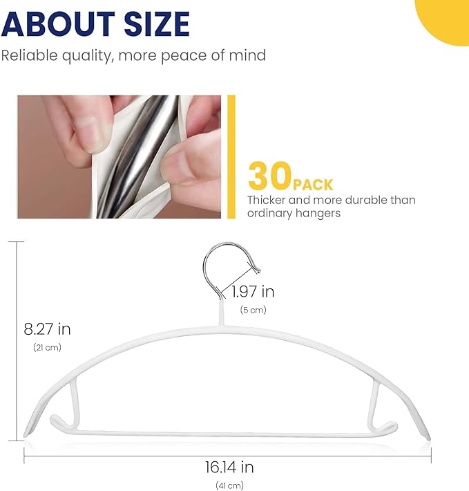 Jiang&Rong 30 Pack 16 Inch Rubber-Coated Non-Slip Metal Hangers - Heavy Duty No Bump Closet Hangers for Coats, Shirts, Suits, Sweaters (30-Pack, White)