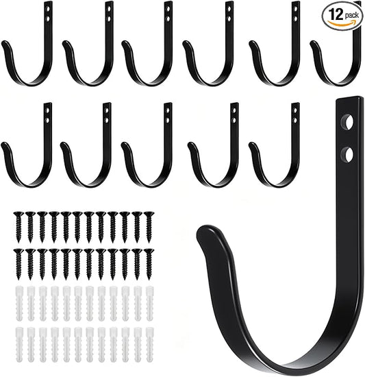 12 Pcs Wall Hooks for Hanging, Large Coat Hooks Wall Mount, Heavy Duty Screw in Metal Hooks for Wall (22LB), Towel Hooks for Bathrooms, Door, Mudroom, Backpack, Clothes, Closet, Purses, Black