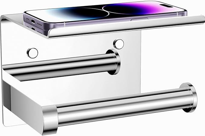 Tindbea Toilet Paper Holder with Phone Shelf, Adhesive or Screw Wall Mount Toilet Tissue Roll Holder, Rustproof & Multifunctional Stainless Steel Bathroom Storage Dispenser (Polished Chrome)