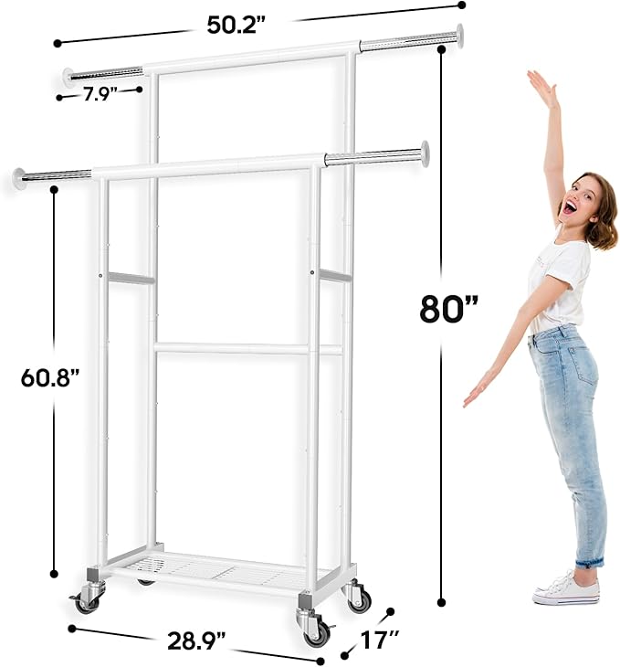 80" Tall Clothing Rack for Hanging Clothes 400 Lbs, Double Rod Rolling Clothes Rack with Lockable Wheels, Portable Garment Coat Rack for Bedroom Laundry Living Room, White