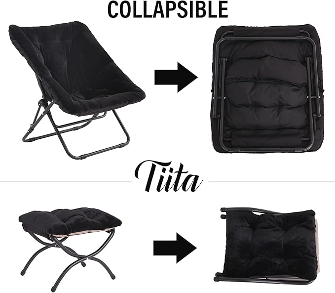 Tiita Folded Chair with Ottoman, Soft Faux Fur Oversized Folding Accent Chair,Lazy Chair, Metal Frame Moon Chair for Bedroom, Living Room, Dorm Rooms, Garden and Courtyard