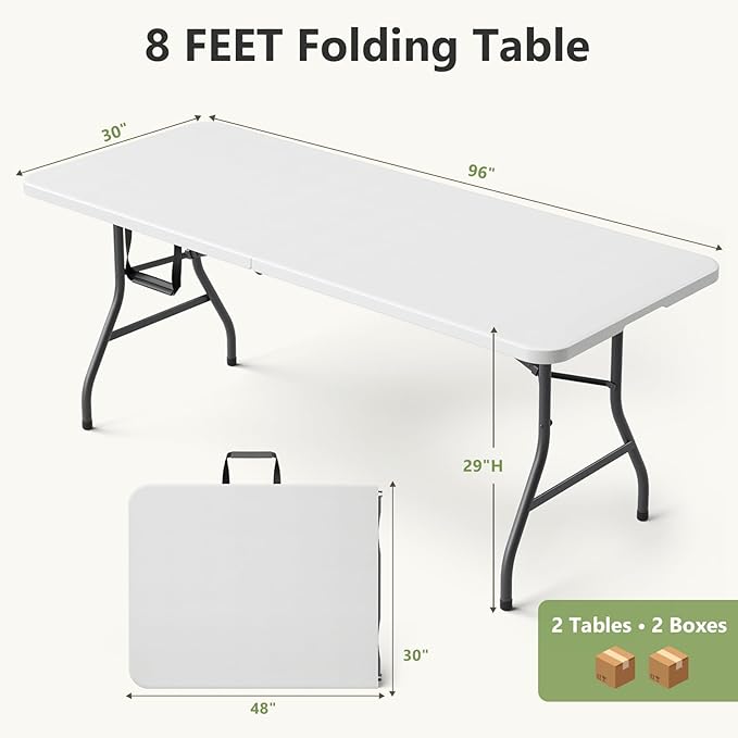Folding Table 2 Pack, 8 FT Foldable Plastic Table with Carrying Handle, Heavy Duty Portable Fold-in-Half Utility Table for Party, Camping, Banquet, Craft, Wedding, Indoor & Outdoor Use