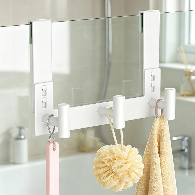 PMMASTO No-Drill Extra Long Shower Hooks, Fits 3/8" Thick Door, Heavy Duty Stainless Steel Towel Hooks for Frameless Glass Shower Door, Holds Bathrobe Towel (White, 3 T-Hooks)