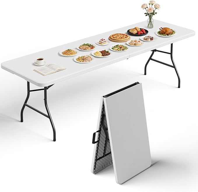 Folding Table 1 Pack, 8FT Folding Table Portable with Built-in Handle, Heavy Duty Plastic Table with Steel Legs Supports to 300lbs, Suitable for Party, Camping, Events Indoor&Outdoor Use, White