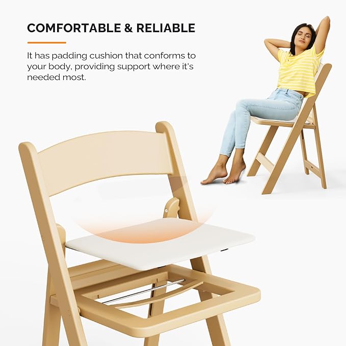 VINGLI Resin Folding Chairs with Cushion, Foldable Plastic Chair with Comfortable Padded Seats, Perfect for Event Party Indoor Outdoor, Natural, 4 PC