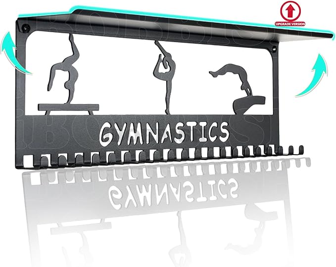 iBobbish Metal Medal Hanger Display,Non-Slip Trophy Shelf with 20 Hooks,Wall Mount,Heavy Duty,Non-Bent,Holds 22-33lbs,for Gymnastics,Race,Soccer,Swim