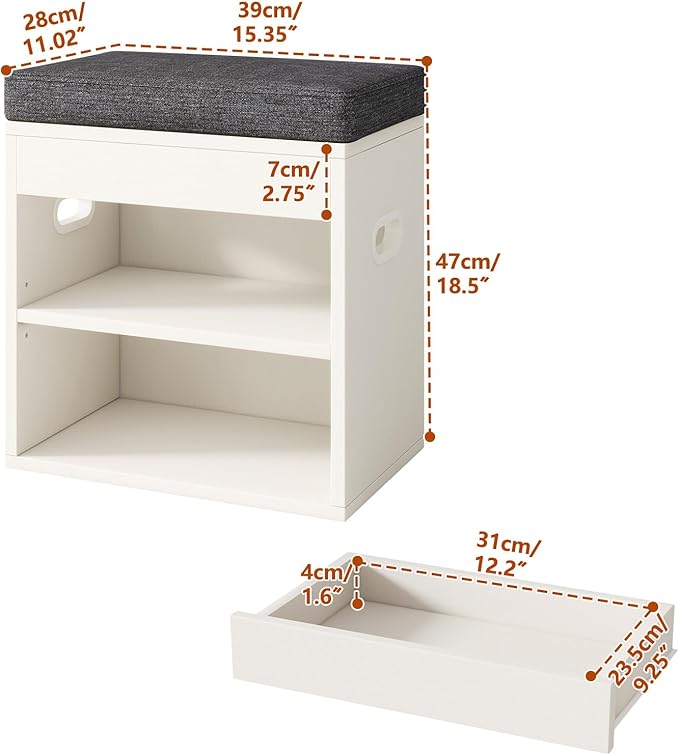 YMYNY Small Shoe Storage Bench with Cushion and Drawer, 2 Tier Adjustable Entryway Bench with Storage, Wooden Shoe Rack Bench for Entryway, Living Room, Hallway, Closet, Bedroom, White, HSC002W