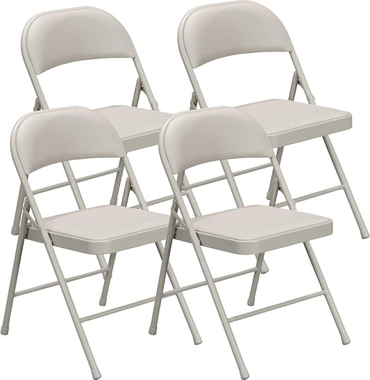4 Pack Padded Folding Chairs, Portable Metal Foldable Chairs with Cushion, PU Leather Sturdy Indoor Outdoor Seating for Home, Office, Party, Khaki