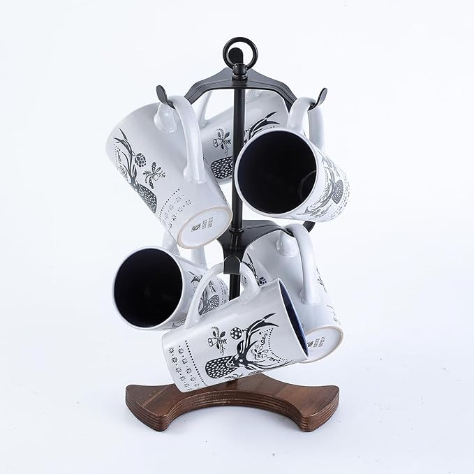 2-Tier Mug Tree Holder for Countertop - Matte Black Metal Coffee Cup Stand with Wood Base - Industrial 6-Hook Mug Rack Organizer for Kitchen Coffee Bar, Modern Farmhouse Decor