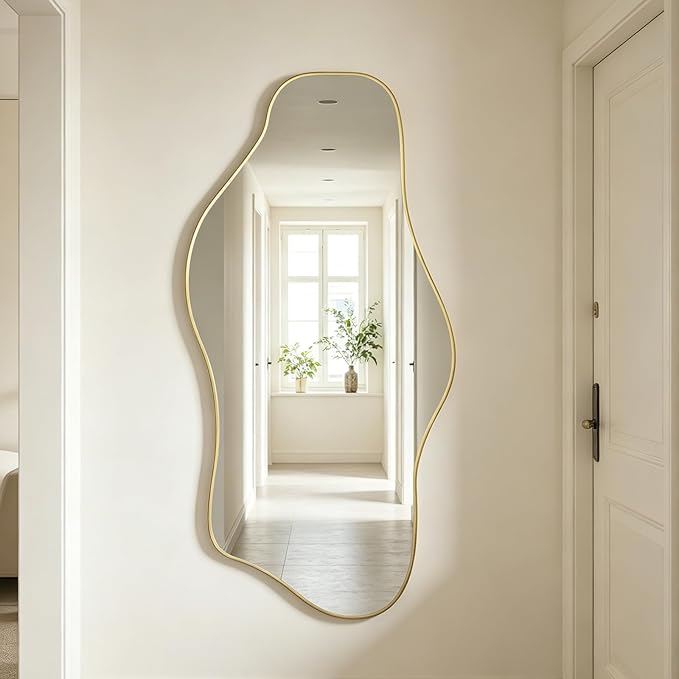 Gold Irregular Mirror, 47.2"x24" Asymmetrical Tempered Glass Mirror, Modern Abstract Frameless Wall Mirrors for Living Room Bedroom Hallway Entryway, Hangs Vertically or Horizontally
