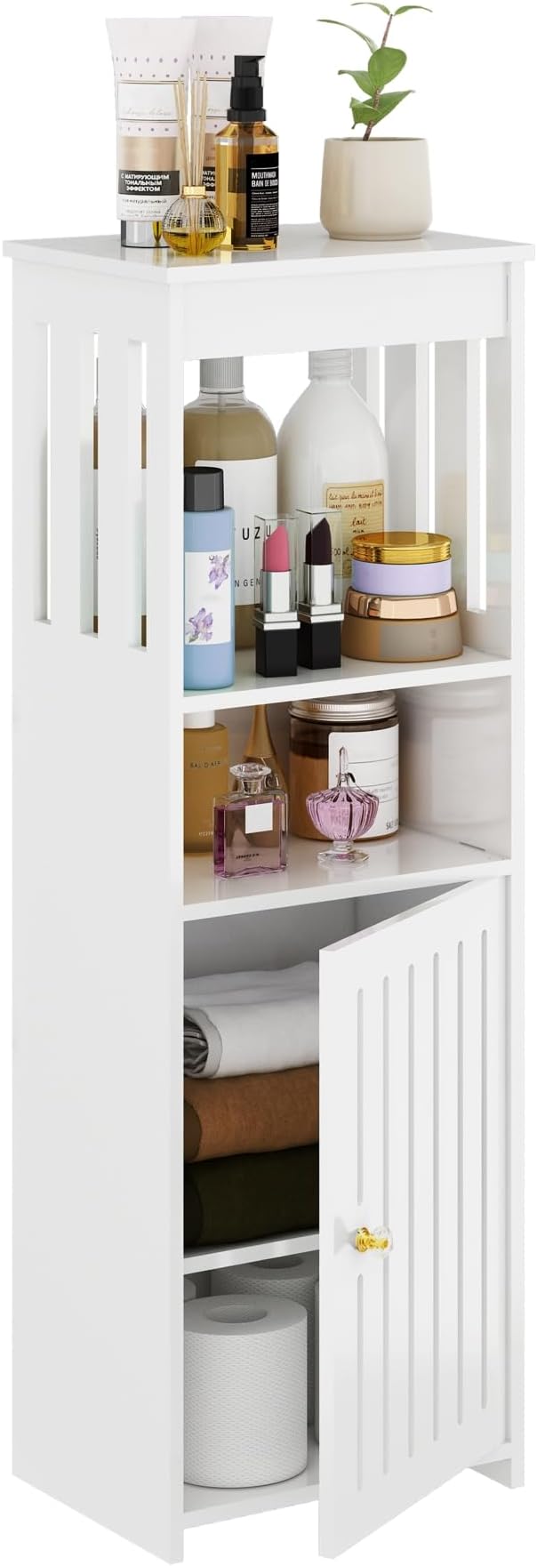 Narrow Bathroom Storage Cabinet, 5-Tier Slim Organizer with Door and Open Shelf for Toilet Small Spaces, White, 7.9" D x 9.8" W x 31.5" H