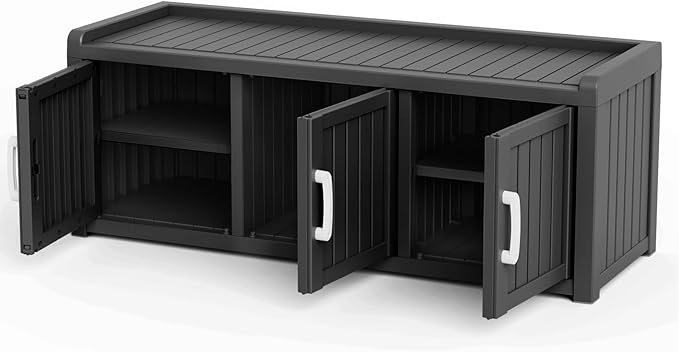 3 Doors Shoe Bench, Waterproof & UV-Resistant, Resin Shoe Cabinet Indoor & Outdoor Use, Entryway Bench with Adjustable Shelves & Hidden Storage Space for Bedroom, Hallway, Grey