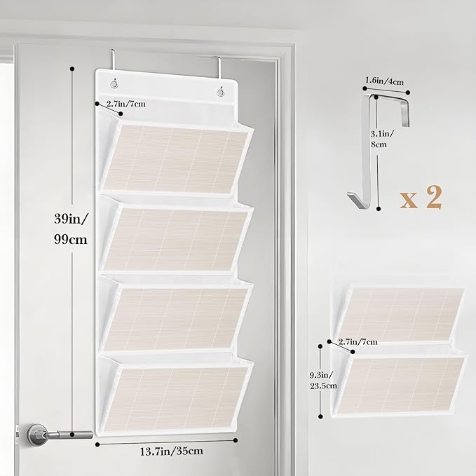 homyfort hanging wall file organizer, Over the door file folder organizer with 4 Large Bamboo Pockets, Suitable for Home, Office, Back to School Supplies Storage and Organization (White)