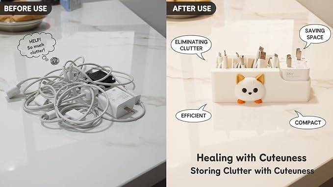 Cable Management Box, Cat Pattern Cord Organizer for Desk, Small Storage Box for Cables, Chargers, Adapters, Power Strip, Nightstand Organizer (White, 6.2 x 3.3 x 2.2 Inch)