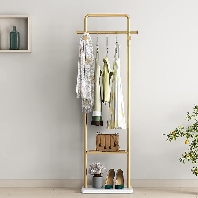 TIEOU Gold Clothes Racks with Shelf, Heavy Duty Gold Clothing Racks for Boutiques, Free-Standing Metal Garment Rack for Hanging Clothes, Modern Coat Rack Entryway(2 tier)