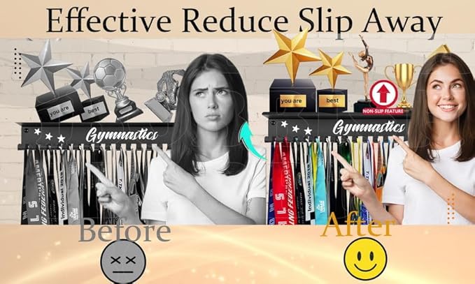 iBobbish Metal Medal Hanger Display,Non-Slip Trophy Shelf with 20 Hooks,Wall Mount,Heavy Duty,Non-Bent,Holds 22-33lbs,for Gymnastics,Race,Soccer,Swim