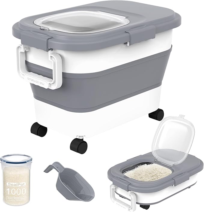 HOYTAMDA18-25lbs Rice Container,Collapsible Airtight Food Storage Containers with Wheels,Handle,Rice Storage Container with Small Bin and Scoop,Rice Dispenser for Flour Sugar Cereal Grain Dog Cat