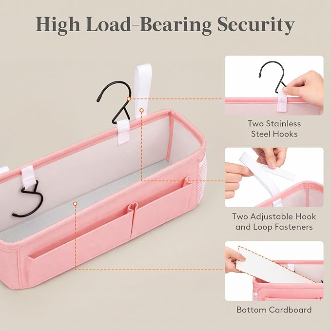 Lifewit Bedside Caddy Storage Organizer, Hanging Storage Bag with Fixed Straps, Book Remotes Holder for Home, College, Dorm, Bunk, Hospital, Crib Bed Rails, Pink