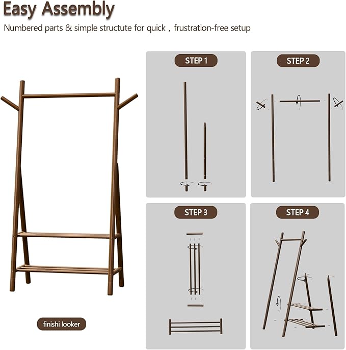 Solid Wood Clothes Rack with 2 Shelves & Hooks, Freestanding Garment Rack & Coat Rack Load 350 Lbs for Hanging Clothes & Organizer, Simple and Practical for Entryway Bedroom Living Room 39.5W