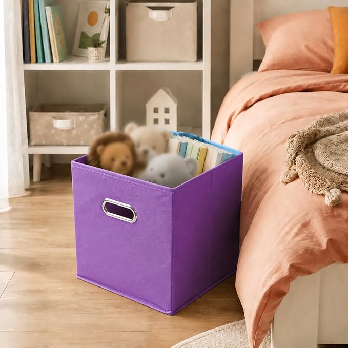 6 Pack Storage Bins, 10.4 x 10.4 x 11 Inch Foldable Fabric Storage Cubes with Metal Handles for Shelves, Closet, Clothes, Toy(Dark Purple)