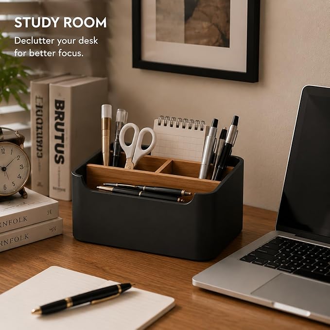 Remote Control Holder with Removable Wood Compartments for Media Devices, Desktop Stationery, and Bedside Nightstands, Black