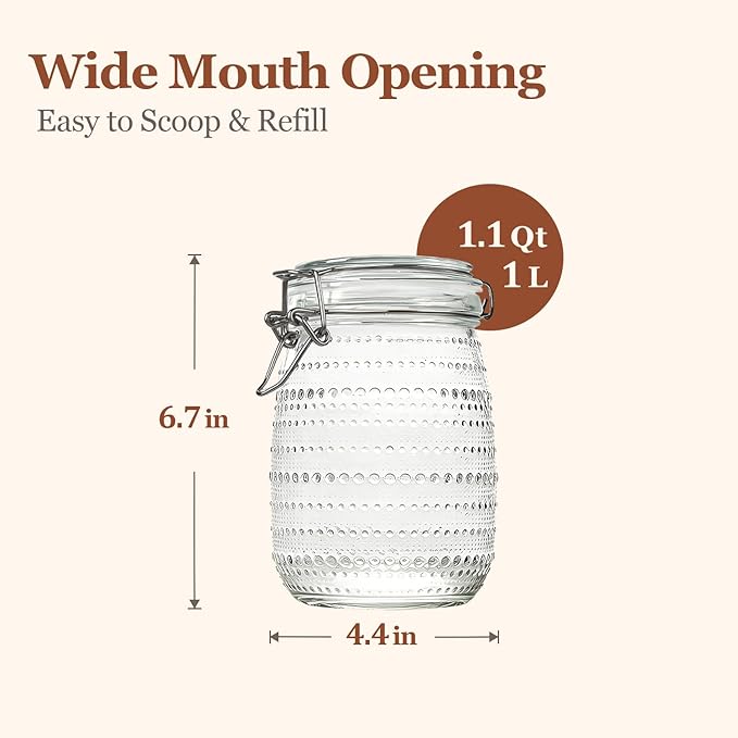ComSaf 34oz 6 Pack Vintage Hobnail Glass Storage Jars with Airtight Clamp Lids, 1000ml Wide Mouth Clear Canister Set for Coffee Beans, Sugar, Snacks, Pasta, Pickling and Countertop Pantry Organization