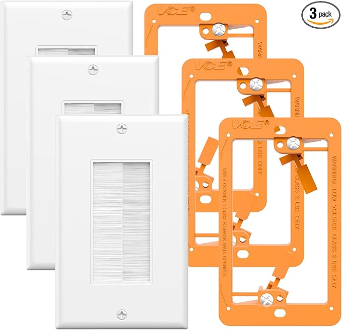 VCE Brush Wall Plate with Low Voltage Box, Decorator Wall Cover with Low Voltage Mounting Bracket for Wall-Mount TV, Black, 3-Pack (White+Orange)