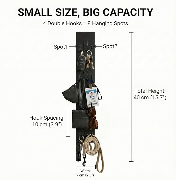 Vertical Key Holder for Wall & Dog Leash Holder – Solid Wood Wall Mount Key Rack with 8 Hooks – Small Space Saving Entryway Organizer for Keys, Lanyards, Masks (Adhesive or Screws) (Black)