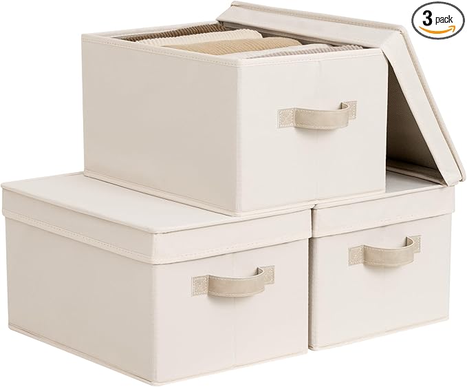 StorageWorks Fabric Storage Bins with Lids, Decorative Storage Bins with PU Handles, Foldable Storage Baskets for Closet, Shelves, Stackable and Sturdy Organization, Beige(Cotton Linen), Large, 3-Pack