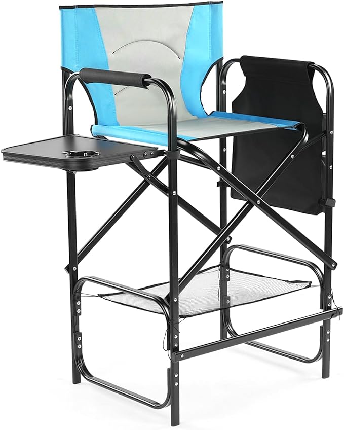 Outvita 31" Tall Directors Chair Height Seat Folding with Side Table Storage Bag, Support for 300Lbs Portable Makeup Artist Chair with Bar Height(Blue/Black)