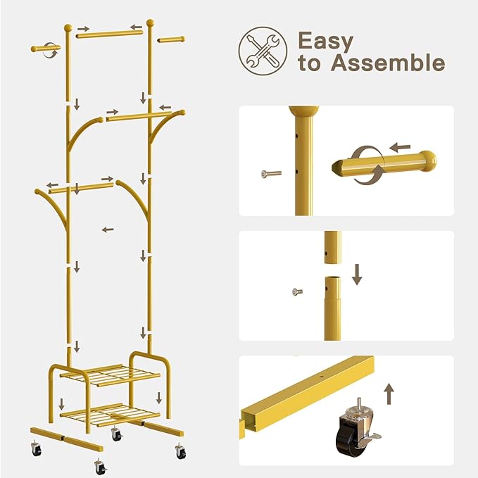 Rolling Clothes Rack with 2 Metal Shelves, 71" Portable Clothing Rack with Wheels, Small Garment Rack with 2 Side Hanging Rods, Freestanding Coat Rack for Laundry Room, Bedroom, Gold