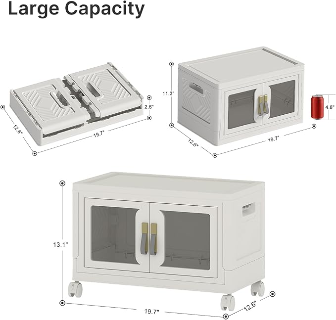 UAMFURI Stackable Storage Bins with Lids, Clear Doors, Large Storage Cabinet Foldable Collapsible Closet Organizers for Bedroom Dorm Office (1, White, 48, Quarts)