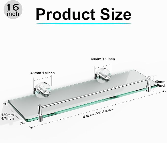 Glass Bathroom Shelves,Chrome Polished Floating Shelves for Wall Rectangular Modern Stainless Steel Glass Shelf for Bathroom Shelves wall Mounted 16 Inch