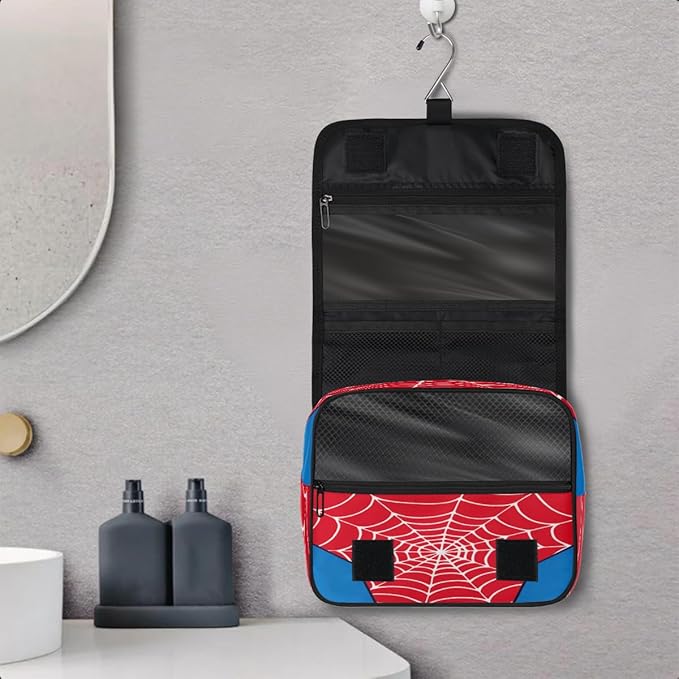 AUUXVA Kids Hanging Toiletry Bag for Boys - Waterproof Travel Cosmetic Organizer Makeup Pouch for Girls Shower Wash Bags with Hanging Hook Toiletries Storage Bag(Red Spider Web)