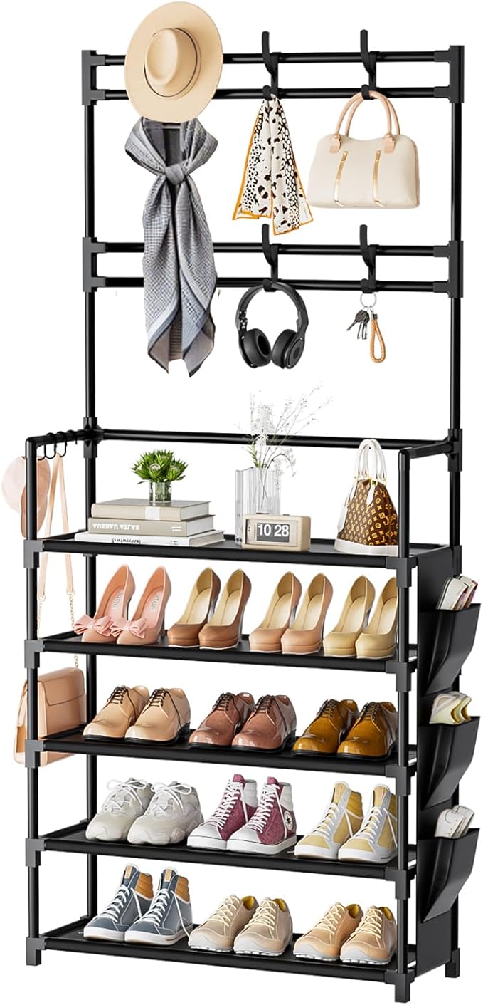 OYREL Shoe Rack 5 Tier Shoe Organizer Storage 15-20 Pairs Shoes Rack for Closet Entrance Shoe Rack Organizer with Hooks and Side Pocket Entryway Shoe Holder Space Saving Free Standing Shoe Racks