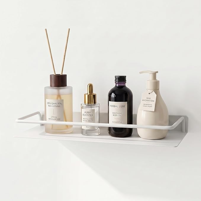 RFOUO 16Inch Metal Wall Shelf, Metal Floating Shelf, Black Floating Shelf, Small Shelf for Wall, Display Shelves for Bathroom Bedroom Kitchen (White, 16Inch)